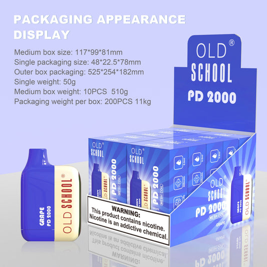 OLD School PD2000 Puffs Disposable Vape Wholesale-500mAh battery, 5ml E-liquid, Multiple Nicotine 10 Flavors