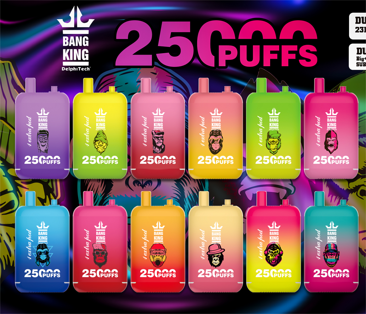 Bang King 25000 Puffs - (23ml+23ml )e-liquid Dual Tank (0% to 5% Nicotine) 650mAh Battery 12 Flavors