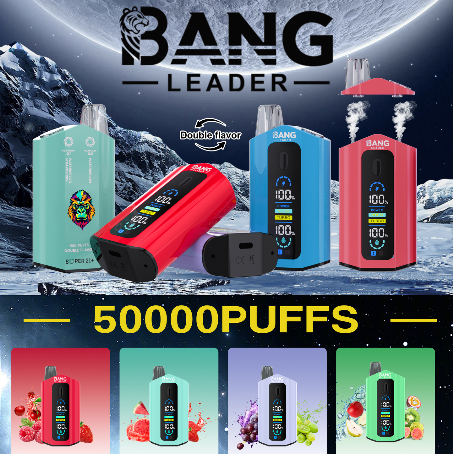 Bang Leader 50000 Puffs Disposable Vape (0%-5% Nicotine) – Dual Pods(20mL+20mL) Unmatched Performance 650mAh 12 Flavors