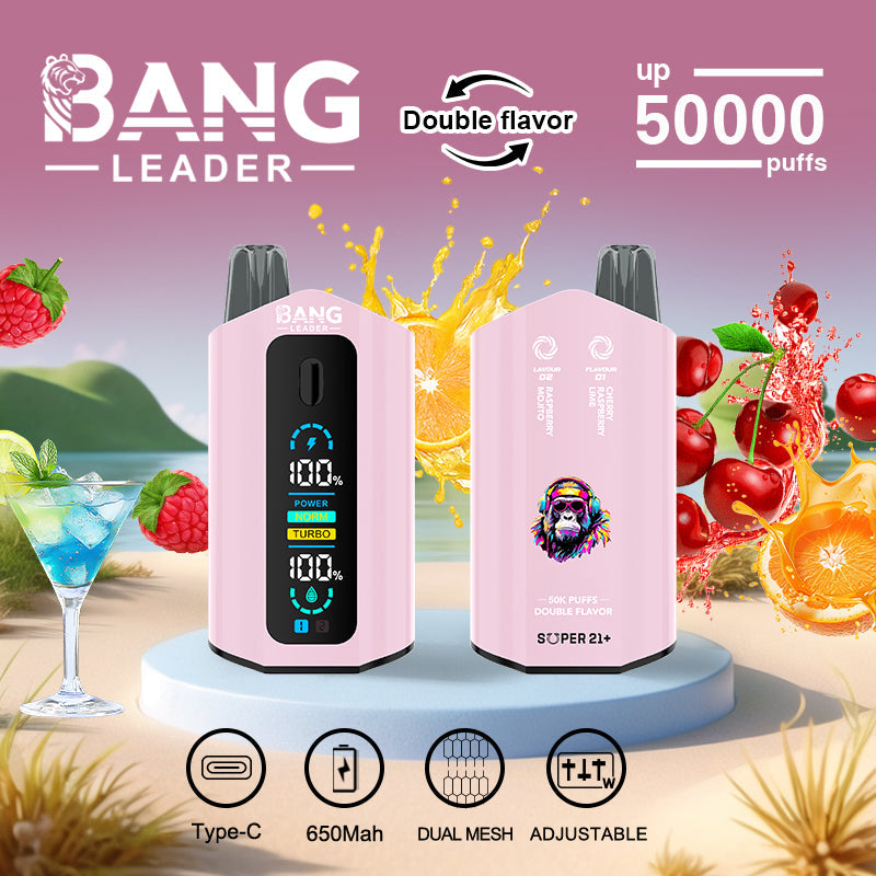 Bang Leader 50000 Disposable Vape - 50K Puffs, 36mBang Leader 50000 Puffs Disposable Vape (0% to 5% Nicotine) โ Dual Pods(20mL+20mL) Unmatched Performance 650mAh battery 12 Flavors l E-Liquid (0-5% Nicotine) 36mL650mAh 12 Flavors