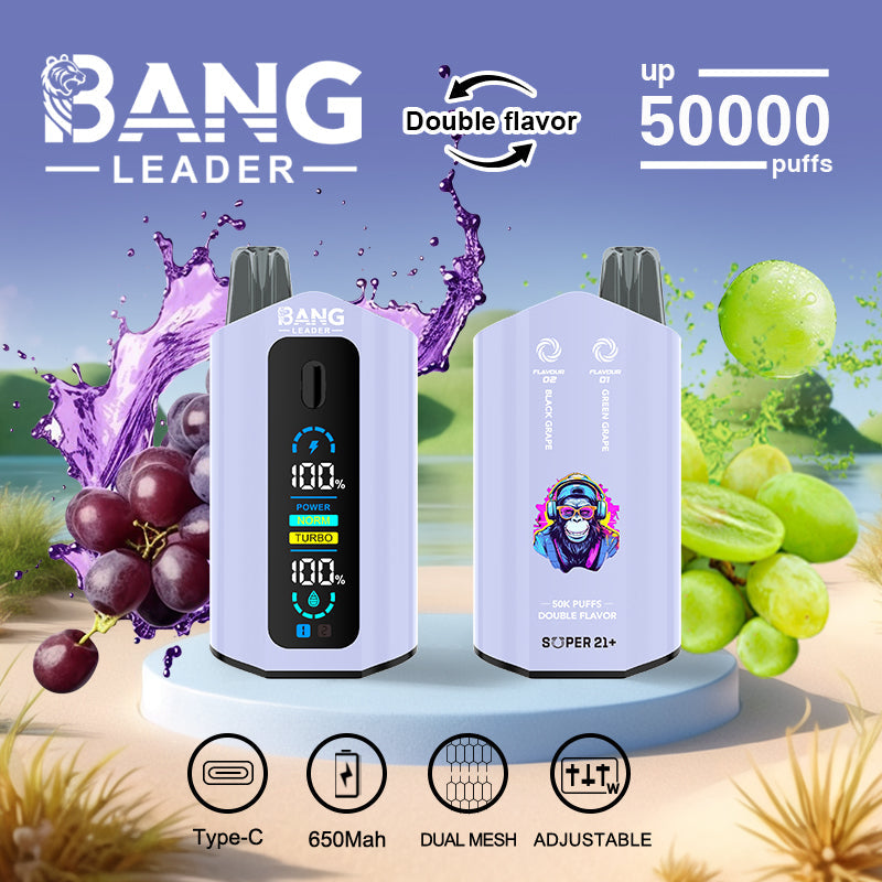 Bang Leader 50000 Disposable Vape - 50K Puffs, 36mBang Leader 50000 Puffs Disposable Vape (0% to 5% Nicotine) โ Dual Pods(20mL+20mL) Unmatched Performance 650mAh battery 12 Flavors l E-Liquid (0-5% Nicotine) 36mL650mAh 12 Flavors