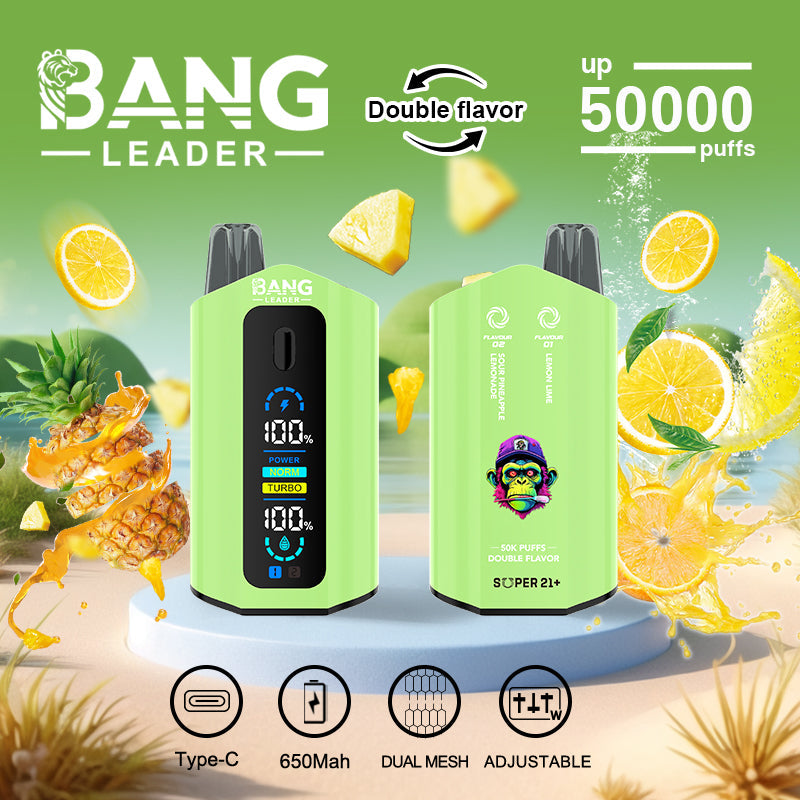 Bang Leader 50000 Disposable Vape - 50K Puffs, 36mBang Leader 50000 Puffs Disposable Vape (0% to 5% Nicotine) โ Dual Pods(20mL+20mL) Unmatched Performance 650mAh battery 12 Flavors l E-Liquid (0-5% Nicotine) 36mL650mAh 12 Flavors