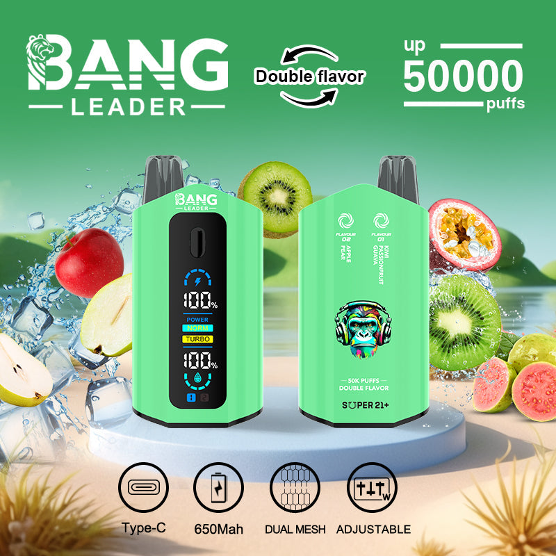 Bang Leader 50000 Disposable Vape - 50K Puffs, 36mBang Leader 50000 Puffs Disposable Vape (0% to 5% Nicotine) โ Dual Pods(20mL+20mL) Unmatched Performance 650mAh battery 12 Flavors l E-Liquid (0-5% Nicotine) 36mL650mAh 12 Flavors