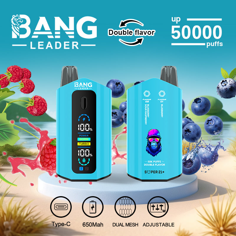 Bang Leader 50000 Disposable Vape - 50K Puffs, 36mBang Leader 50000 Puffs Disposable Vape (0% to 5% Nicotine) โ Dual Pods(20mL+20mL) Unmatched Performance 650mAh battery 12 Flavors l E-Liquid (0-5% Nicotine) 36mL650mAh 12 Flavors