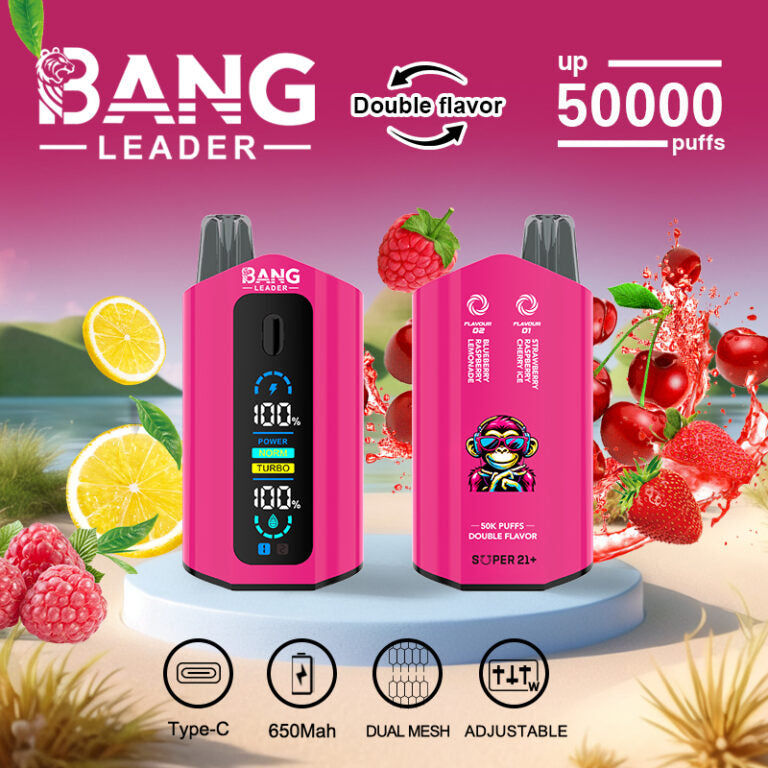 Bang Leader 50000 Disposable Vape - 50K Puffs, 36mBang Leader 50000 Puffs Disposable Vape (0% to 5% Nicotine) โ Dual Pods(20mL+20mL) Unmatched Performance 650mAh battery 12 Flavors l E-Liquid (0-5% Nicotine) 36mL650mAh 12 Flavors