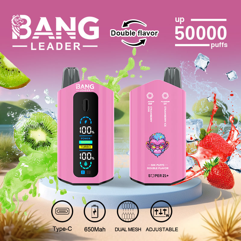 Bang Leader 50000 Disposable Vape - 50K Puffs, 36mBang Leader 50000 Puffs Disposable Vape (0% to 5% Nicotine) โ Dual Pods(20mL+20mL) Unmatched Performance 650mAh battery 12 Flavors l E-Liquid (0-5% Nicotine) 36mL650mAh 12 Flavors