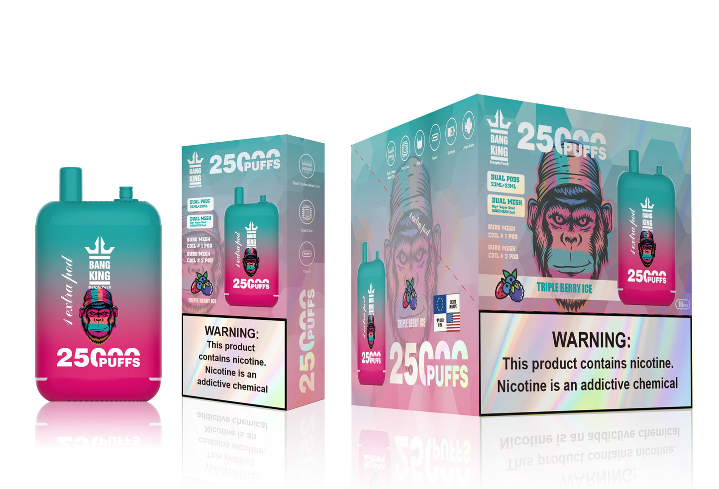Bang King 25000 Puffs - (23ml+23ml )e-liquid Dual Tank (0% to 5% Nicotine) 650mAh Battery 12 Flavors