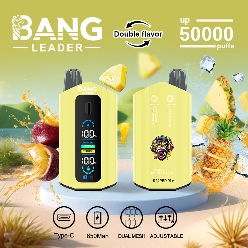 Bang Leader 50000 Disposable Vape - 50K Puffs, 36mBang Leader 50000 Puffs Disposable Vape (0% to 5% Nicotine) โ Dual Pods(20mL+20mL) Unmatched Performance 650mAh battery 12 Flavors l E-Liquid (0-5% Nicotine) 36mL650mAh 12 Flavors