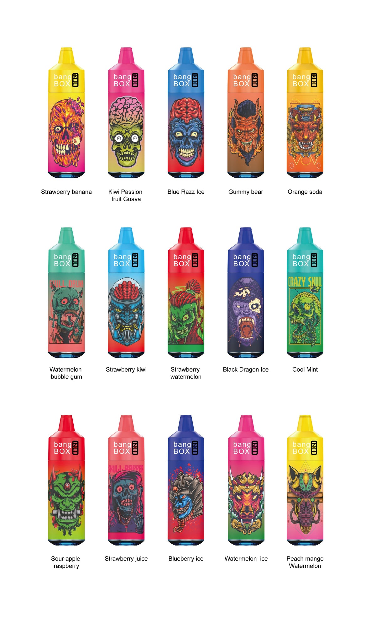 BANGBOX VAPE 12000 PUFFS/12 FLAVORS /RGB LIGHT/Battery650Mah /E-juice volume: 28ml 12flavors.