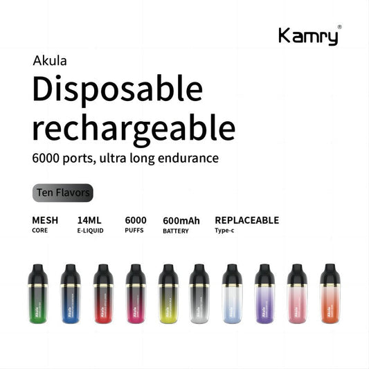 Kamry Akula 6000 Puffs Disposable Vape Wholesale-600mAh battery, 14ml E-liquid, Multiple Nicotine 10 Flavors