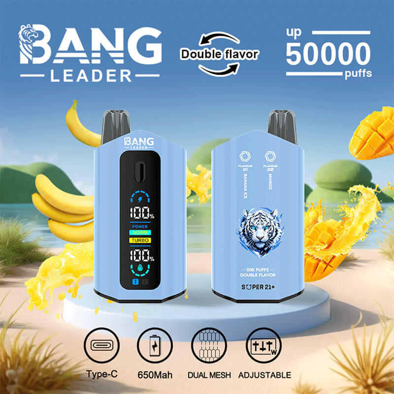 Bang Leader 50000 Disposable Vape - 50K Puffs, 36mBang Leader 50000 Puffs Disposable Vape (0% to 5% Nicotine) โ Dual Pods(20mL+20mL) Unmatched Performance 650mAh battery 12 Flavors l E-Liquid (0-5% Nicotine) 36mL650mAh 12 Flavors