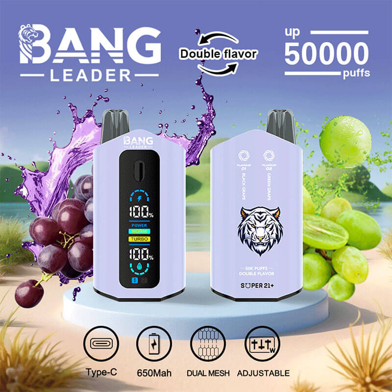 Bang Leader 50000 Disposable Vape - 50K Puffs, 36mBang Leader 50000 Puffs Disposable Vape (0% to 5% Nicotine) โ Dual Pods(20mL+20mL) Unmatched Performance 650mAh battery 12 Flavors l E-Liquid (0-5% Nicotine) 36mL650mAh 12 Flavors