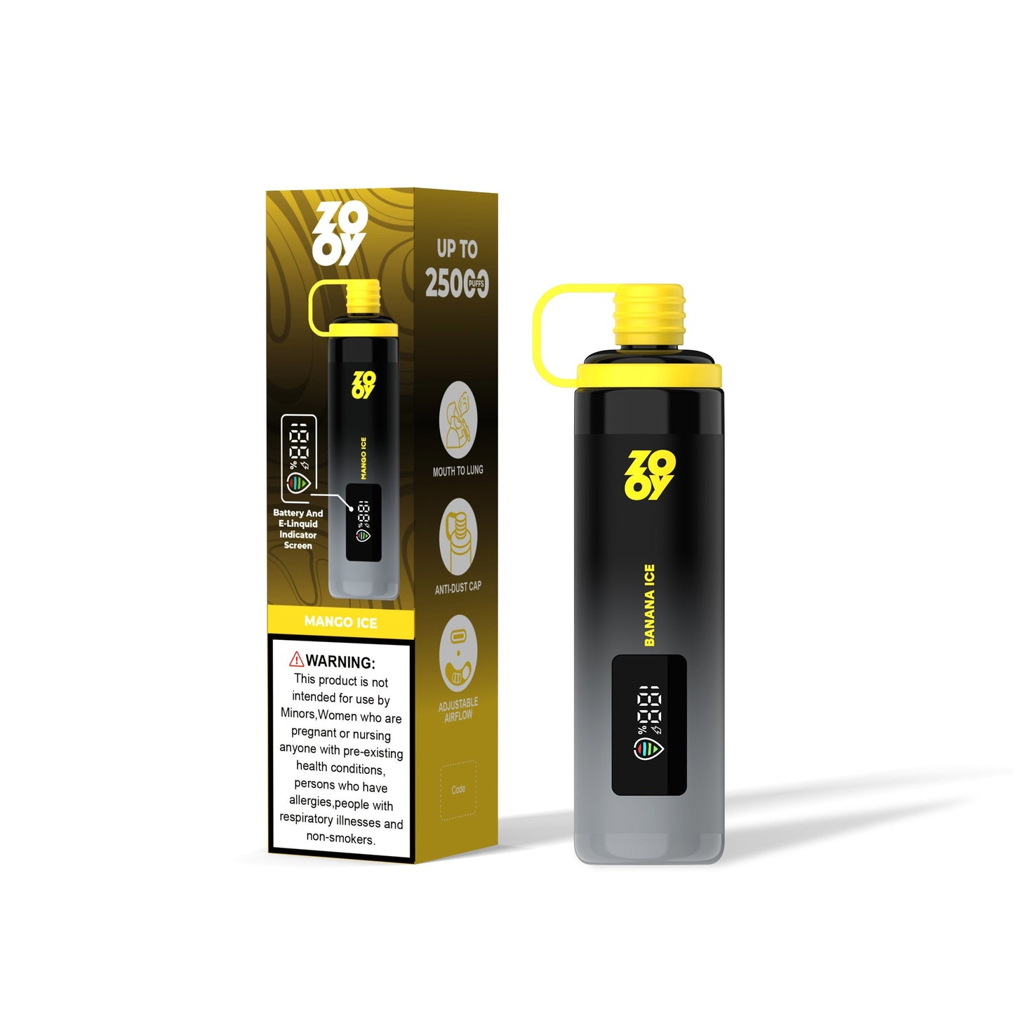 ZOOY SHISHA 25K Puffs Airflow Ajustable Disposable Vape(0% to 5% Nicotine) with Animated Screen 650mAh battery 10 Flavors