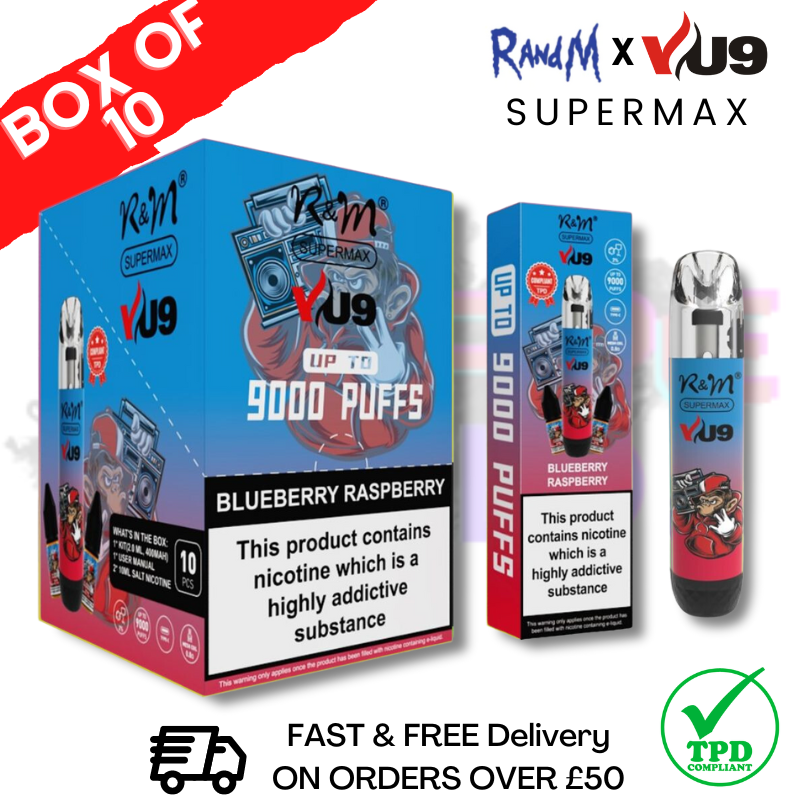 Blueberry Raspberry RandM 9K SuperMAX 9000 Puff Bar R and M Pack Of 10