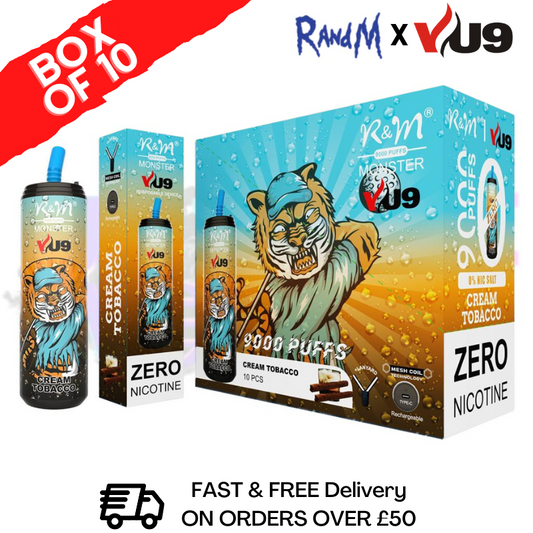 Cream Tobacco 9K Monster 9000 Puff 0MG NIC PACK OF 10 BAR
