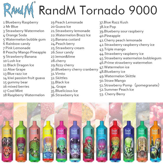 RANDM TORNADO 9000 Disposable Vape Wholesale,850 mAh 18 ML  50 Flavors