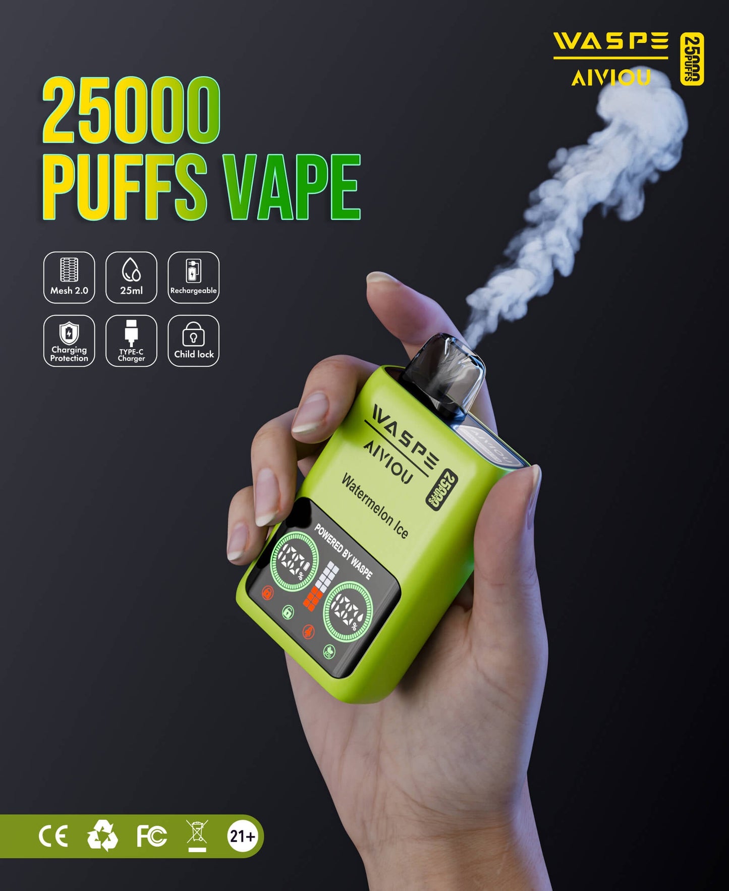 WASPE 25000 Puffs Disposable Vape Wholesale,	650 mAh ,25ML 10Flavors