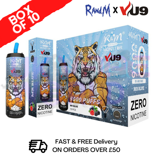Mr Blue 9K Monster 9000 Puff 0MG NIC PACK OF 10 BAR