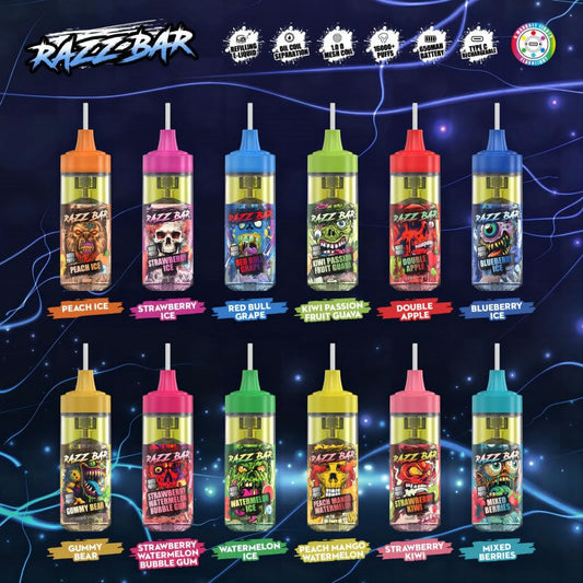 Razz Bar 16000 Puffs - 20mL, 5% Nic Salt, 12 Flavors, Refillable