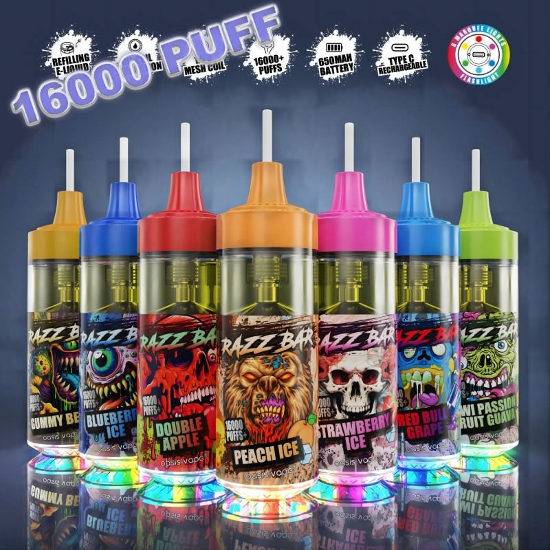 Razz Bar 16000 Puffs - 30mL, 2%/5% Nic Salt, 12 Flavors, Mesh Coil