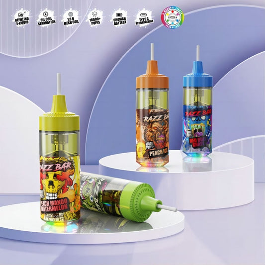 Razz Bar 16000 Puffs - 30mL, 2%/5% Nic Salt, 12 Flavors, Mesh Coil