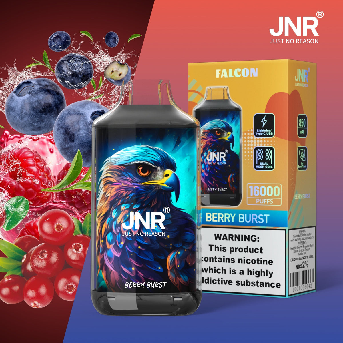 JNR FALON 16000 16K Puffs Original Edition Rechargeable Disposable Vape-850mAh Battery, 22ml E-liquid, Multiple Nicotine 27 Flavors