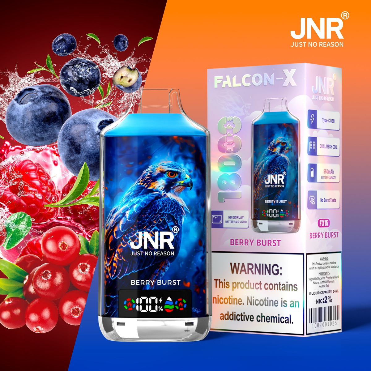 JNR FALCON X 18000 18k Puffs LED Display Hot Sale Disposable Vap-950mAh Battery, 24ml E-liquid, Multiple Nicotine 29 Flavors