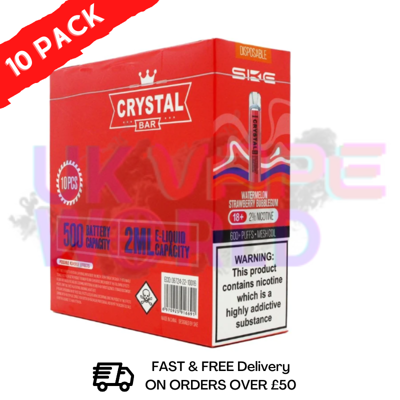 Watermelon Strawberry Bubblegum - Crystal Bar Puffs 600 SKE Box Of 10 - £26.99