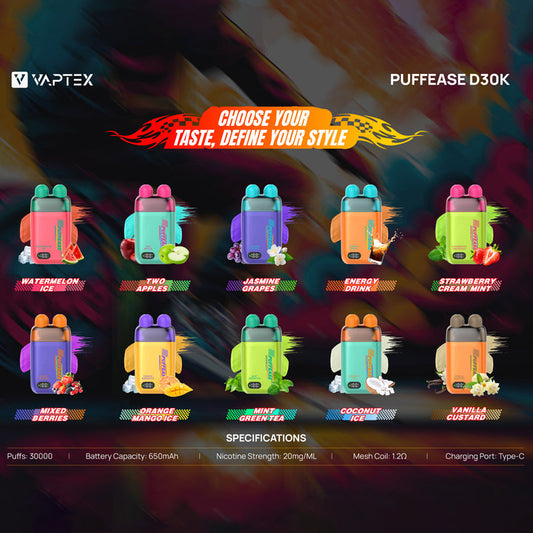 VAPTEX PUFFEASE D30000 Puffs Disposable Vape Wholesale-650mAh battery, 18ml E-liquid, Multiple Nicotine 10 Flavors
