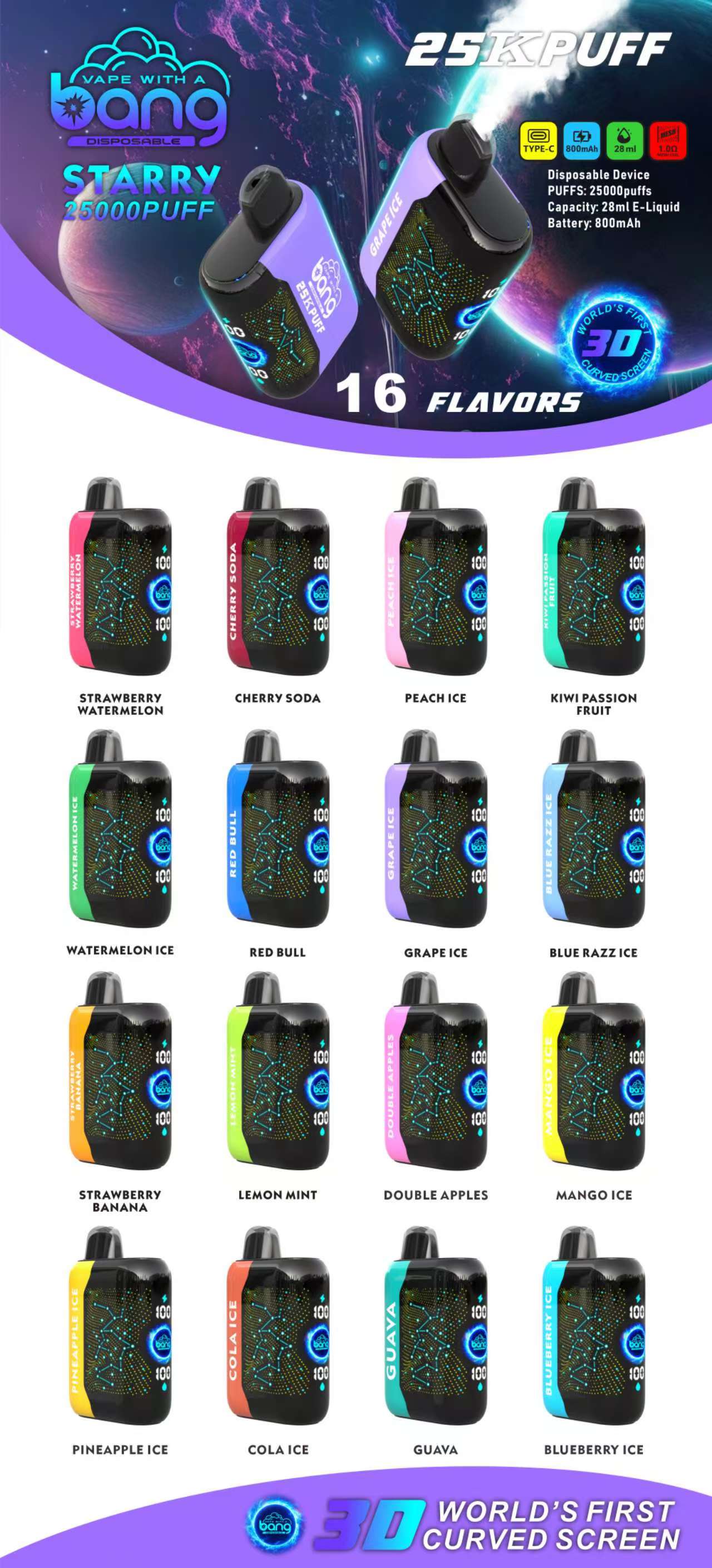 Bang starry 25000 puffs Disposable Vape 850mah 16 Flavors