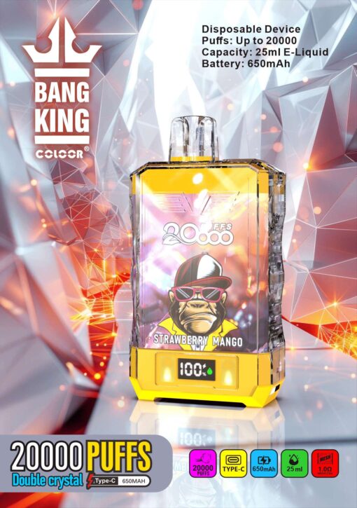 Bang King Box Double Crystal 20000 Puff 20k Display Screen Disposable Electronic Cigarette Vape-850mAh Battery, 40ml E-liquid, Multiple Nicotine 12 Flavors
