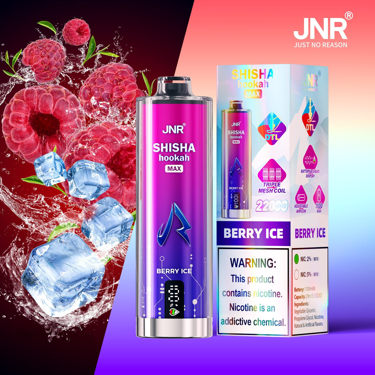 JNR Shisha Max 22000 22K Puffs Original DTL Disposable Vape Pen-850mAh Battery, 40ml E-liquid, Multiple Nicotine 12 Flavors