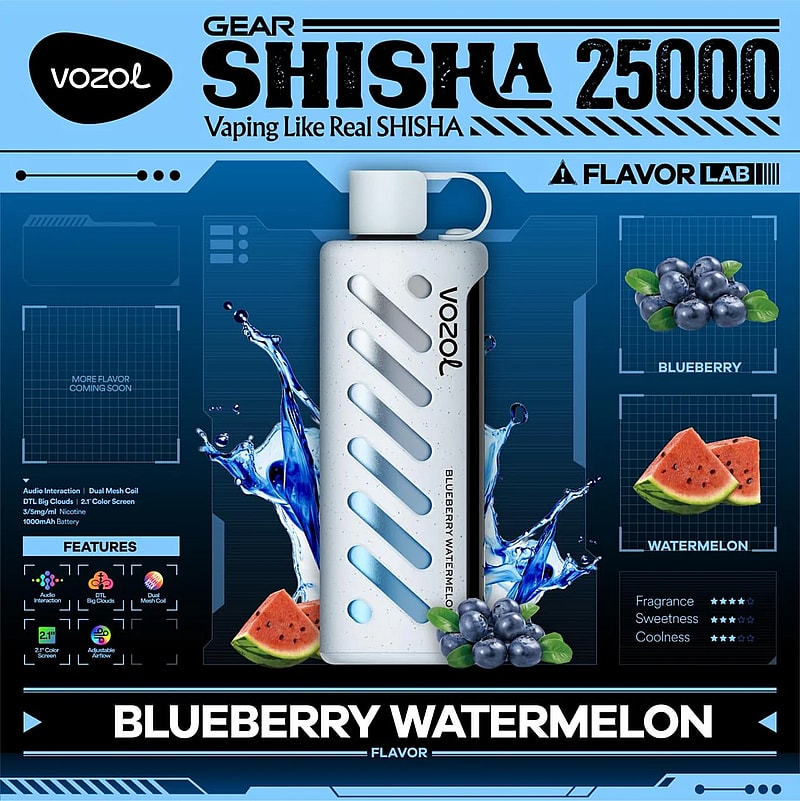 Vozol Gear Shisha 25K Puffs Disposable Vape|Dual Power Mode with Adjustable Airflow-1000mAh Battery, 25ml E-liquid, Multiple Nicotine 21 Flavors
