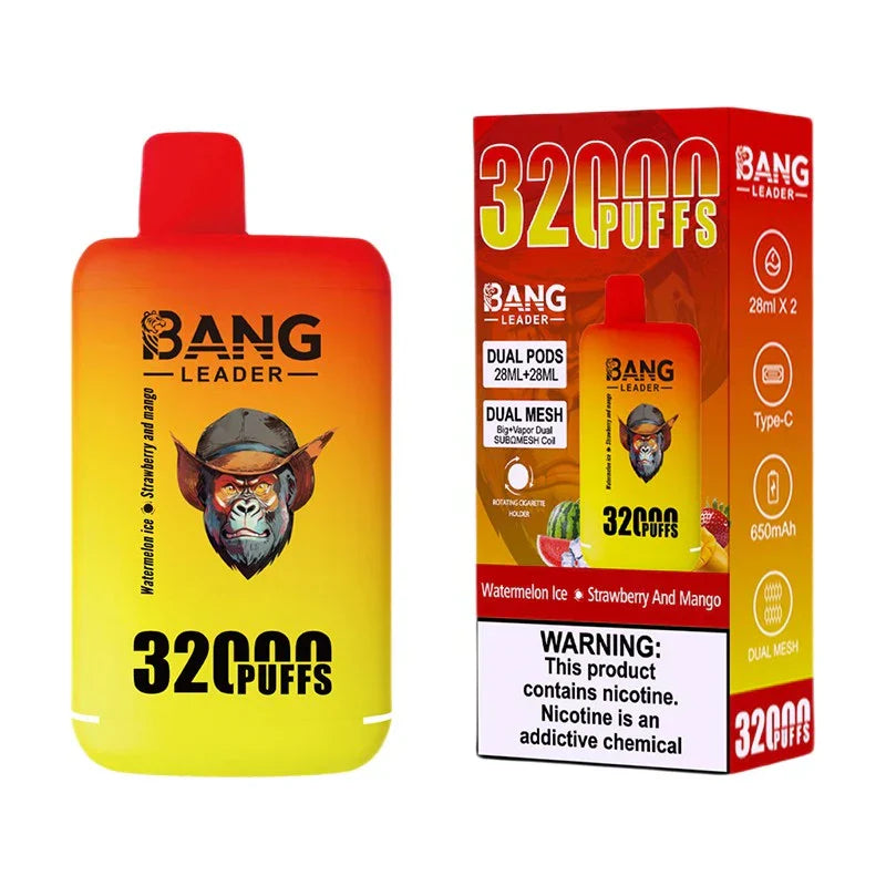 Bang Leader 32000 Puffs Disposable Vape (0% to 5% Nicotine) - Dual Pods, 26ml+26ml E-Liquid 650mah Type-C Rechargeable 18  Flavors