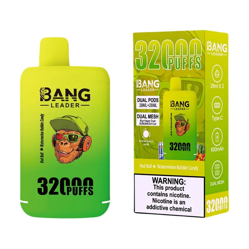 Bang Leader 32000 Puffs Disposable Vape (0% to 5% Nicotine) - Dual Pods, 26ml+26ml E-Liquid 650mah Type-C Rechargeable 18  Flavors