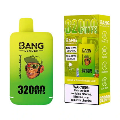 Bang Leader 32000 Puffs Disposable Vape (0% to 5% Nicotine) - Dual Pods, 26ml+26ml E-Liquid 650mah Type-C Rechargeable 18  Flavors