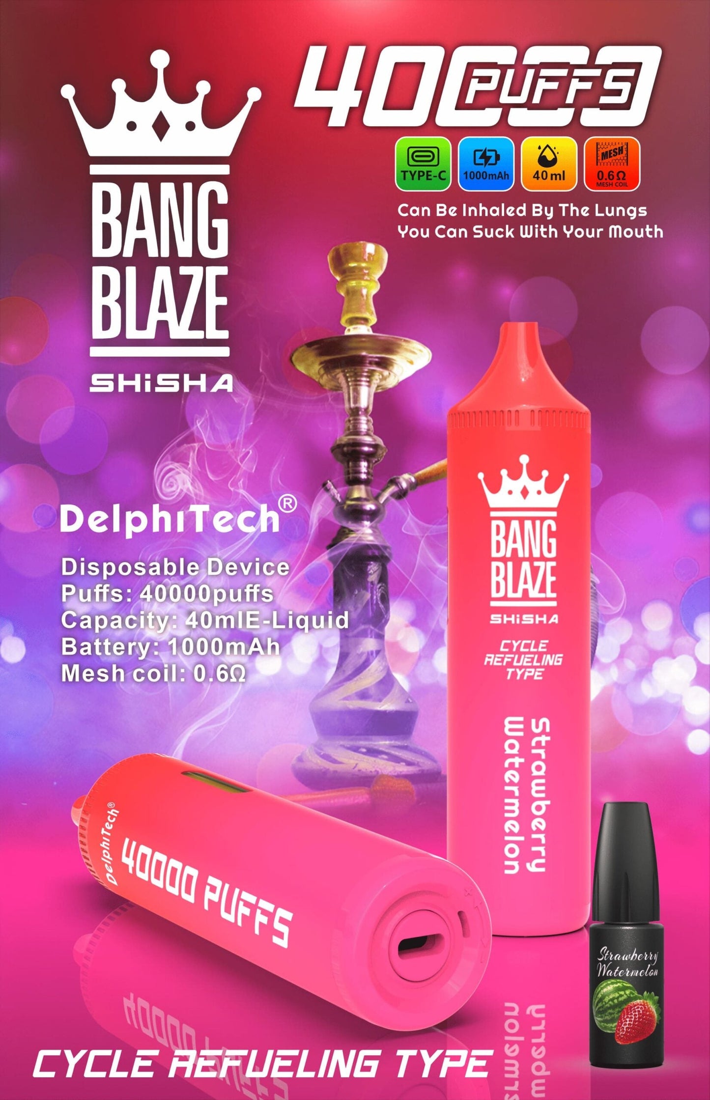 Bang Blaze 40000 Puffs Disposable Vape(0% to 5% Nicotine) - 40ml E-Liquid, 1000mAh Battery 12 Flavors