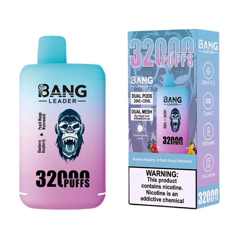 Bang Leader 32000 Puffs Disposable Vape (0% to 5% Nicotine) - Dual Pods, 26ml+26ml E-Liquid 650mah Type-C Rechargeable 18  Flavors