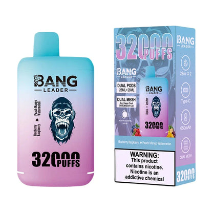Bang Leader 32000 Puffs Disposable Vape (0% to 5% Nicotine) - Dual Pods, 26ml+26ml E-Liquid 650mah Type-C Rechargeable 18  Flavors