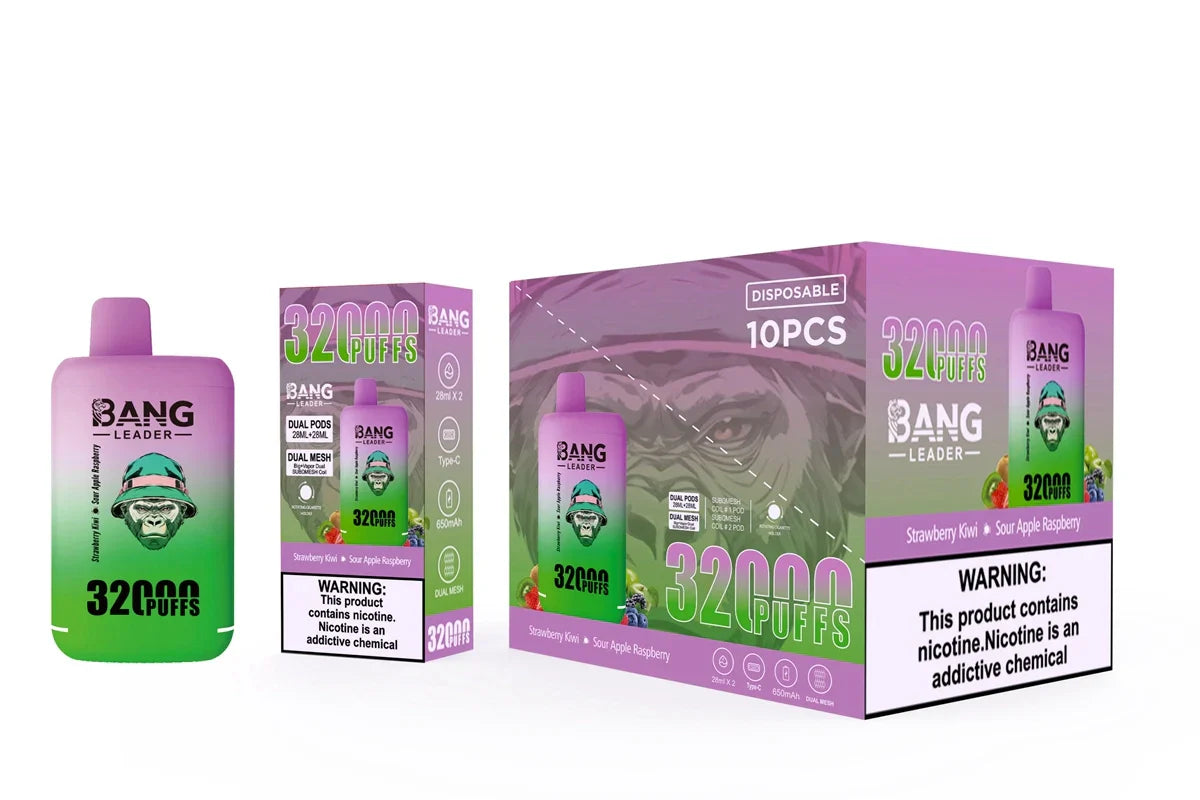 Bang Leader 32000 Puffs Disposable Vape (0% to 5% Nicotine) - Dual Pods, 26ml+26ml E-Liquid 650mah Type-C Rechargeable 18  Flavors
