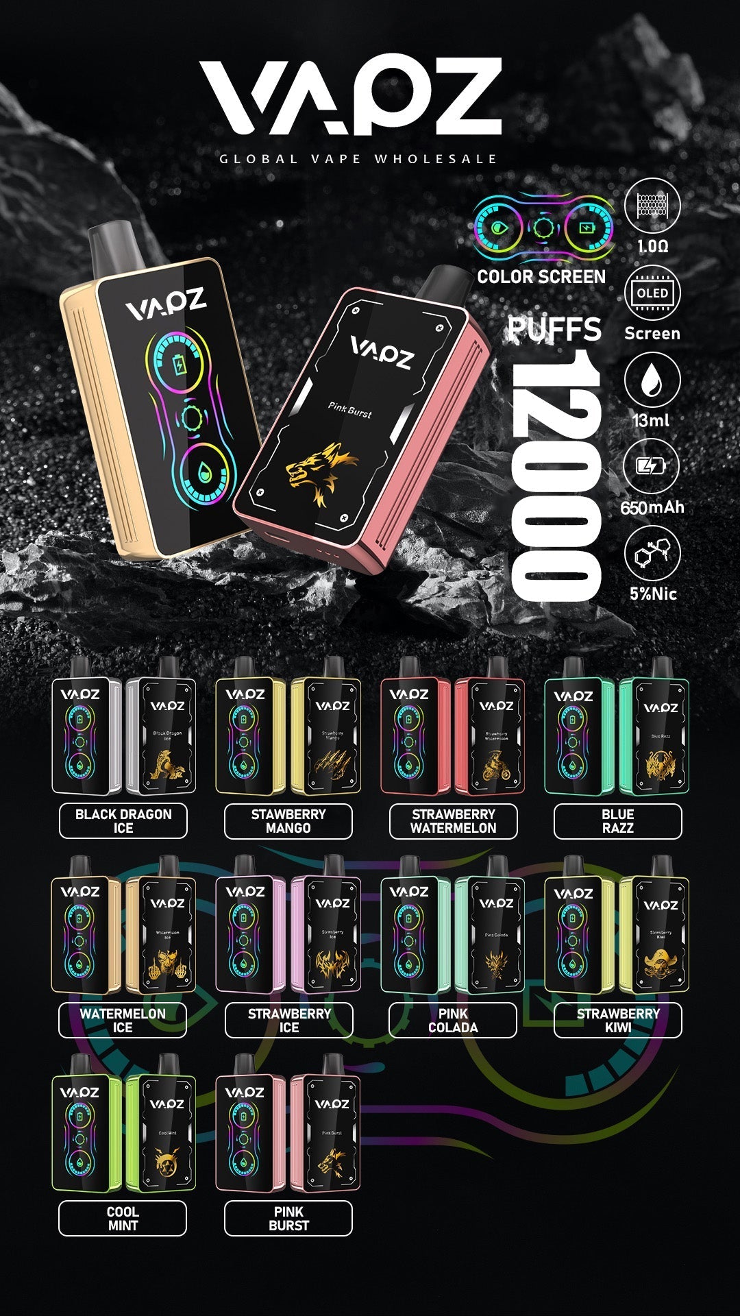 HOPEE 12000 Puffs Disposable Vape Wholesale,650mAh battery, 13ml E-liquid, Multiple Nicotine 10 Flavors