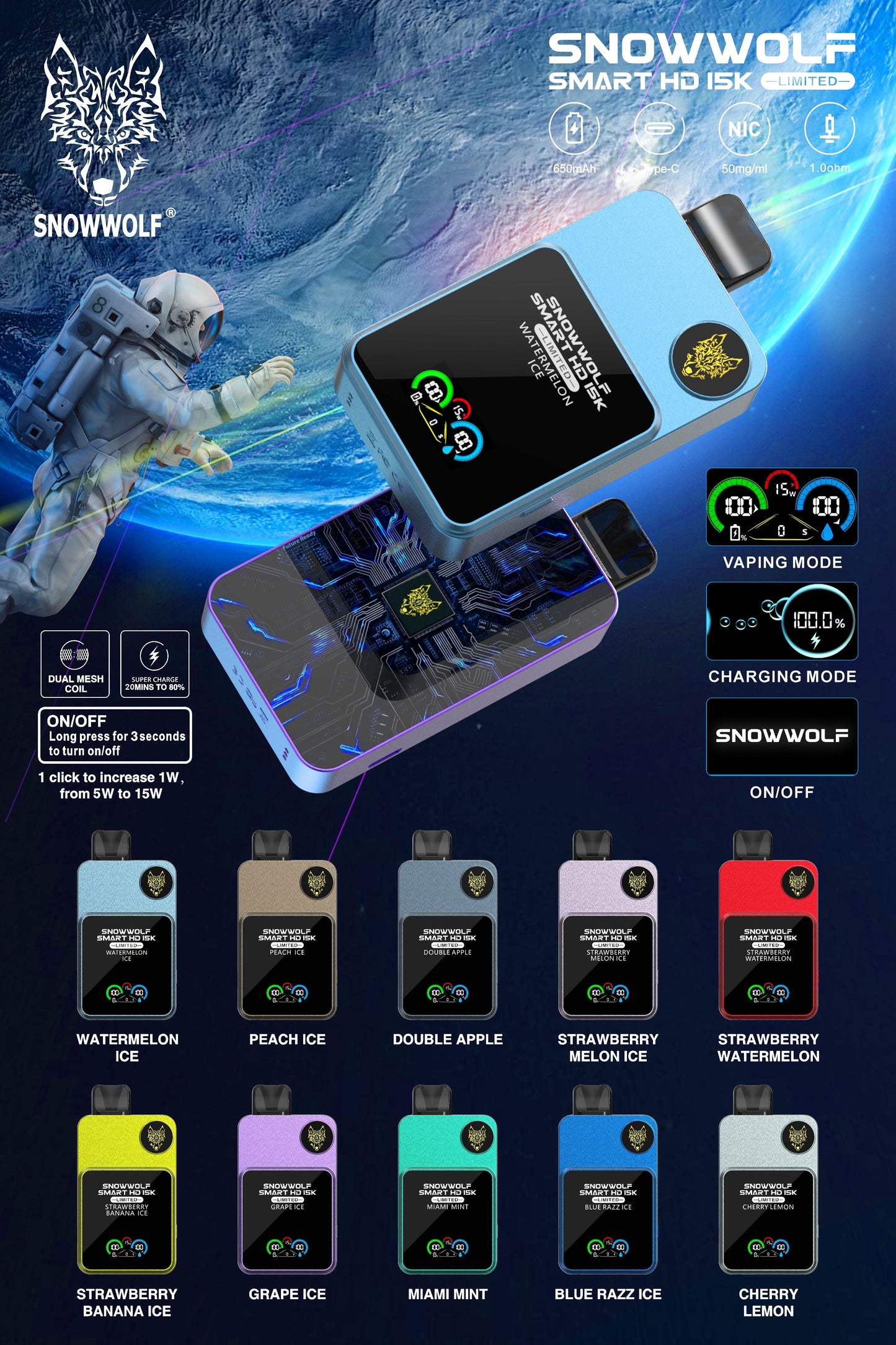 SNOWWOLF Smart HD 15000 Puffs Disposable Vape Wholesale