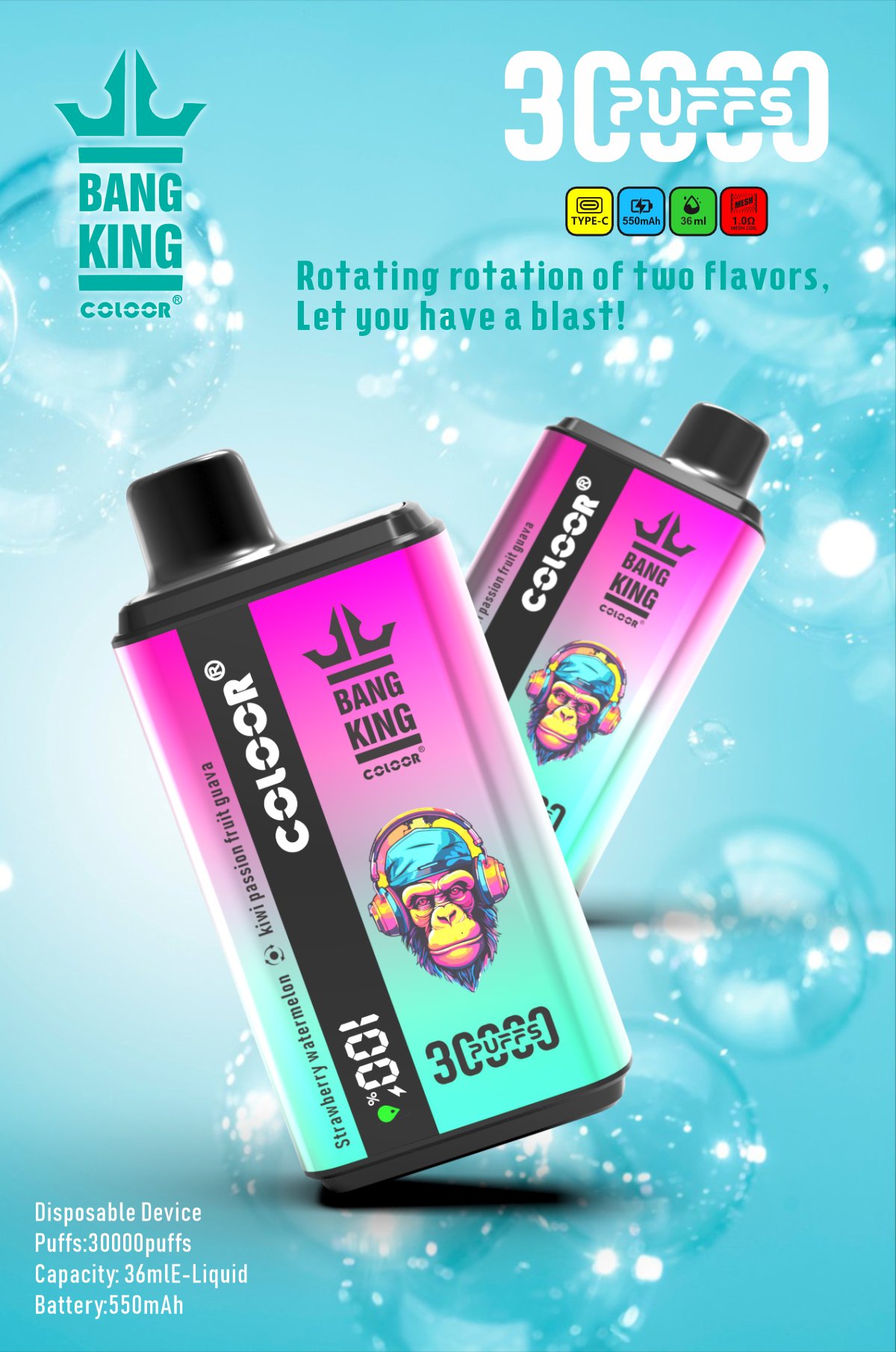 Bang King 30000 Puffs Disposable Vape  12 Flavors-850mAh Battery, 30ml E-liquid, Multiple Nicotine 12 Flavors