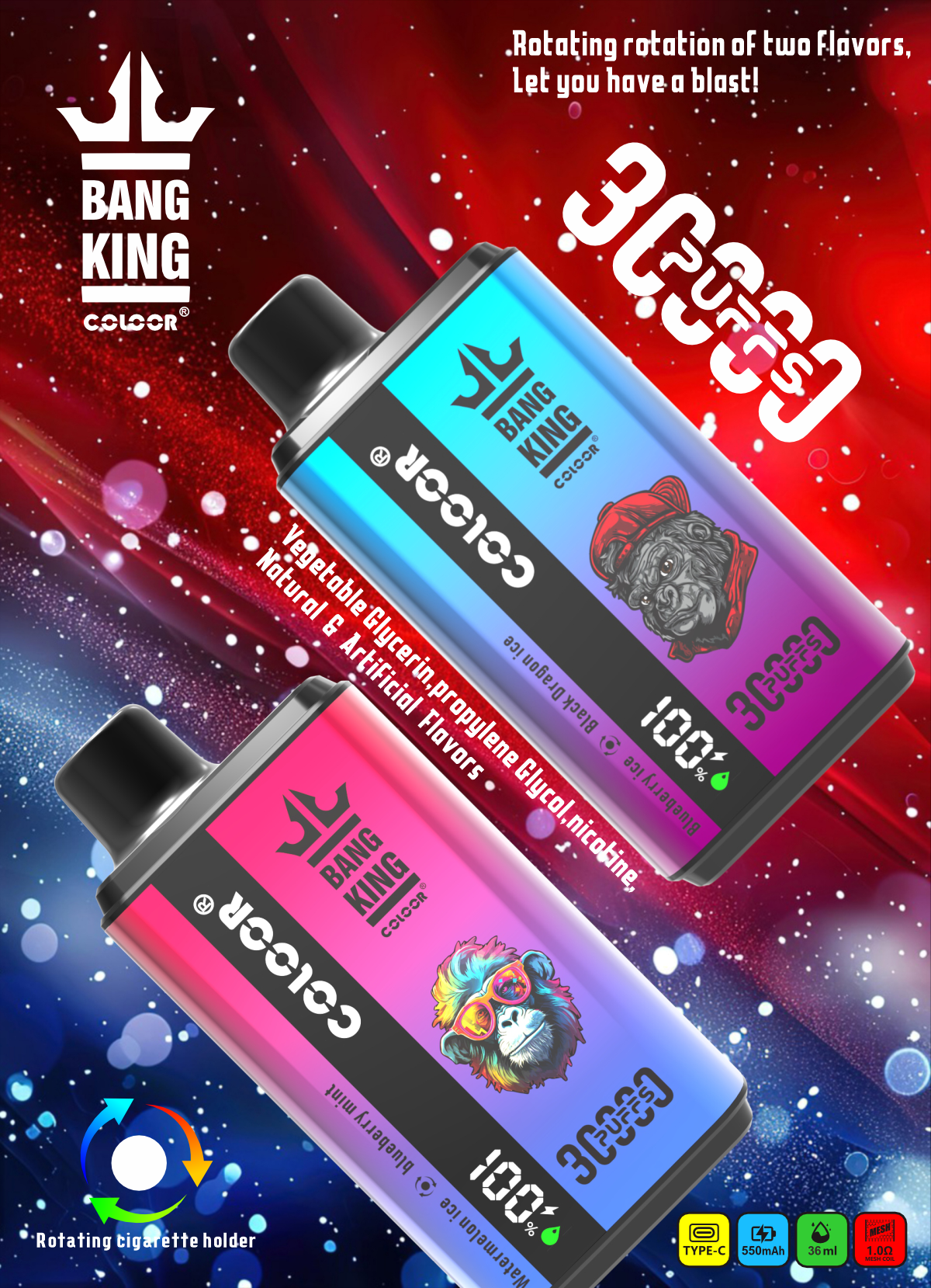 Bang King 30000 Puffs Disposable Vape  12 Flavors-850mAh Battery, 30ml E-liquid, Multiple Nicotine 12 Flavors