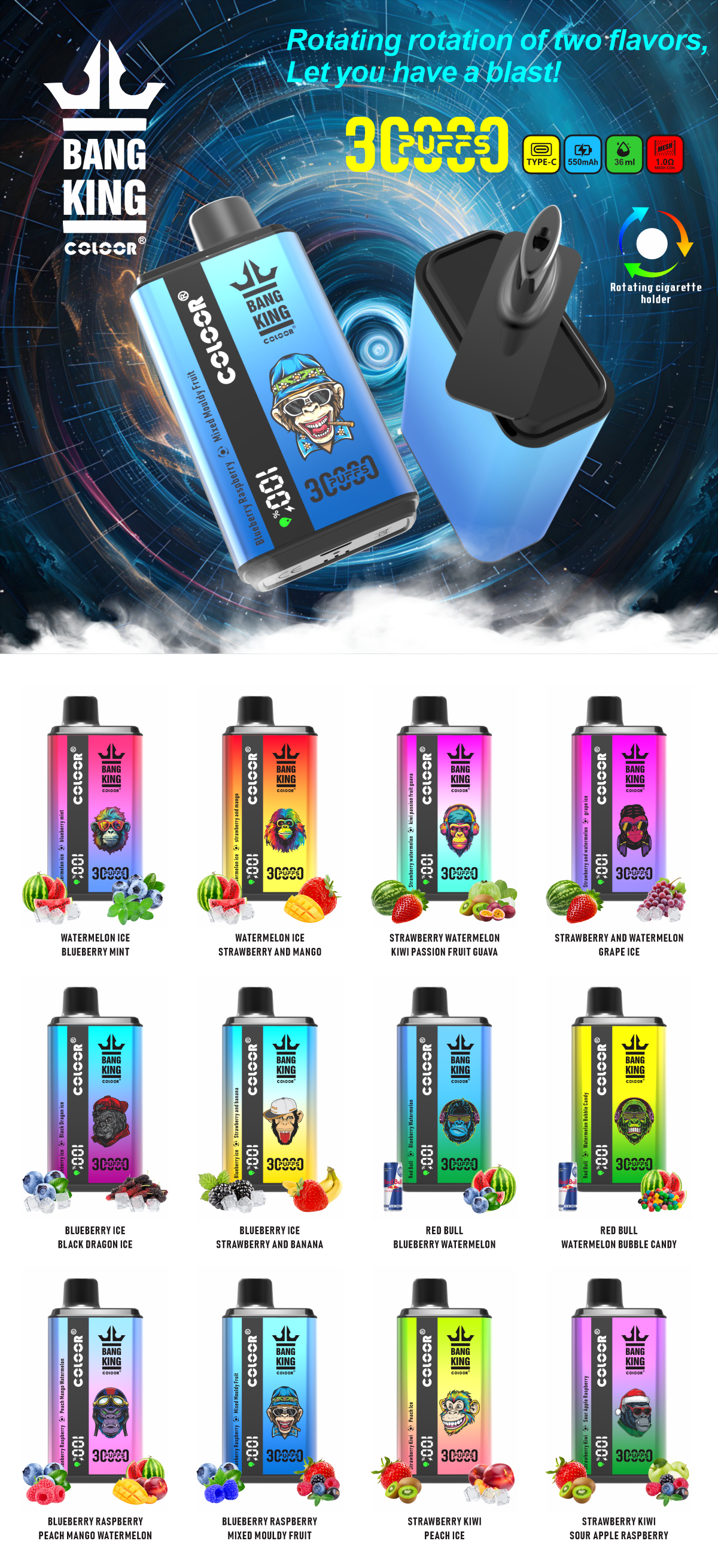 Bang King 30000 Puffs Disposable Vape  12 Flavors-850mAh Battery, 30ml E-liquid, Multiple Nicotine 12 Flavors