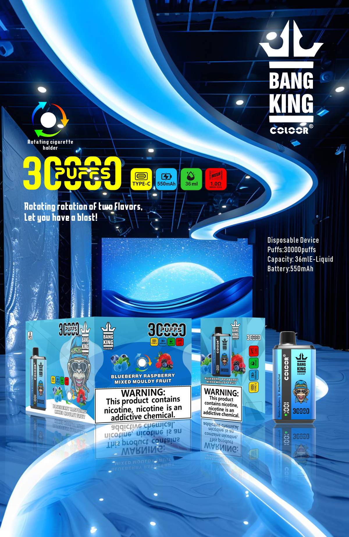 Bang King 30000 Puffs Disposable Vape  12 Flavors-850mAh Battery, 30ml E-liquid, Multiple Nicotine 12 Flavors
