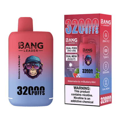 Bang Leader 32000 Puffs Disposable Vape (0% to 5% Nicotine) - Dual Pods, 26ml+26ml E-Liquid 650mah Type-C Rechargeable 18  Flavors