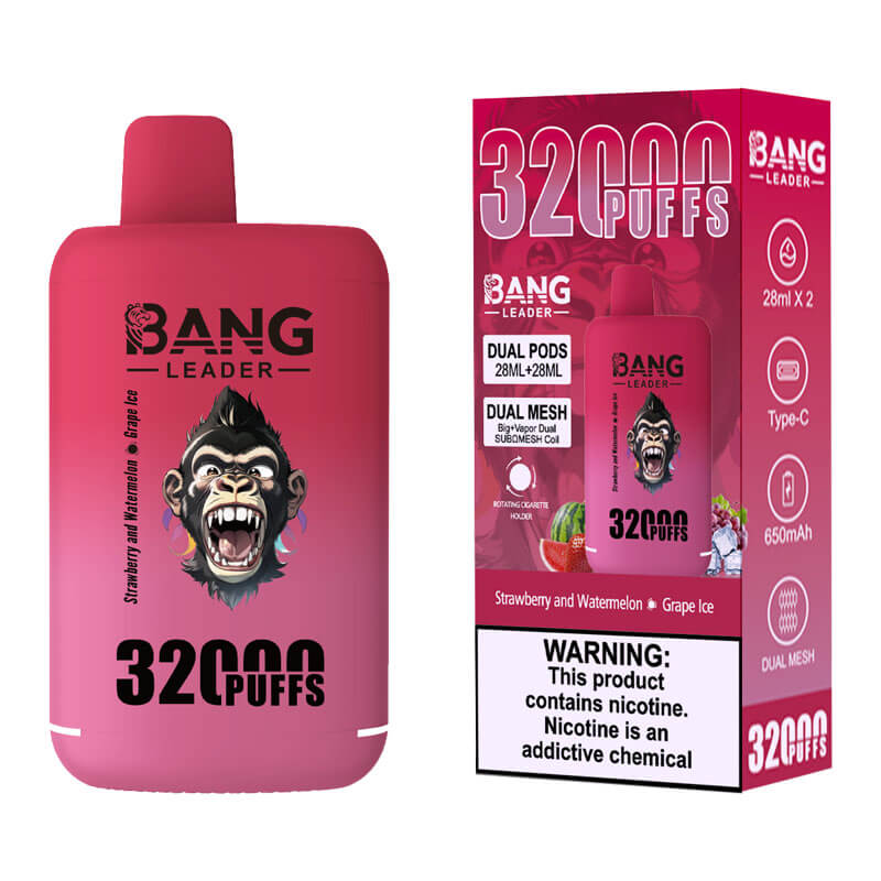 Bang Leader 32000 Puffs Disposable Vape (0% to 5% Nicotine) - Dual Pods, 26ml+26ml E-Liquid 650mah Type-C Rechargeable 18  Flavors