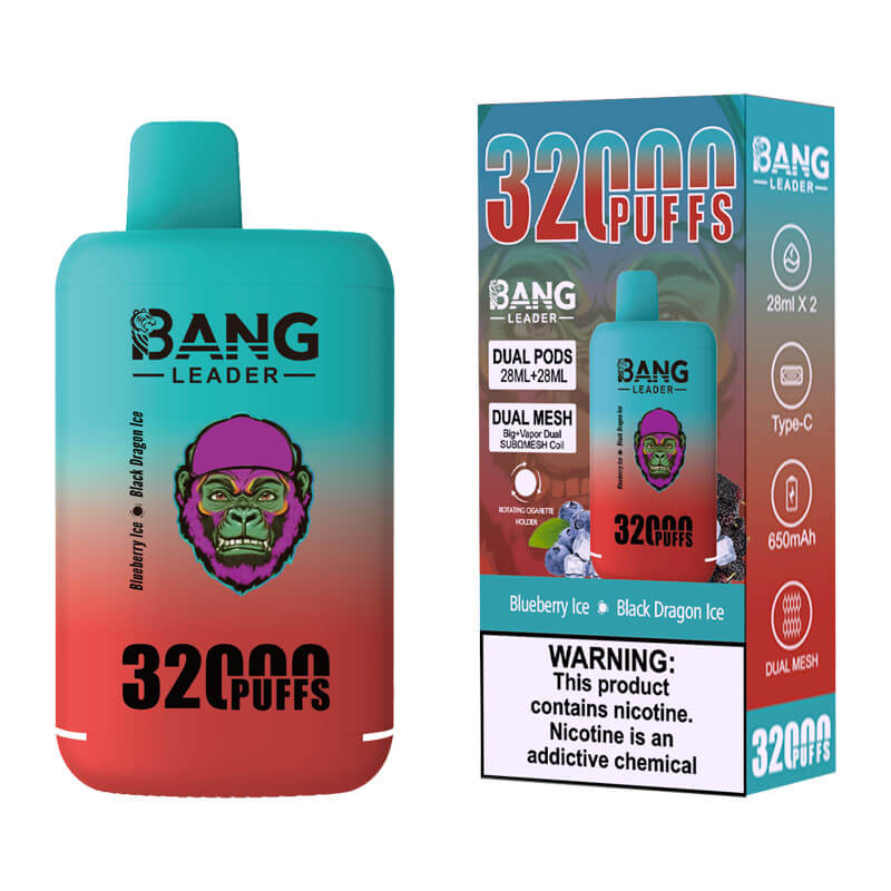 Bang Leader 32000 Puffs Disposable Vape (0% to 5% Nicotine) - Dual Pods, 26ml+26ml E-Liquid 650mah Type-C Rechargeable 18  Flavors
