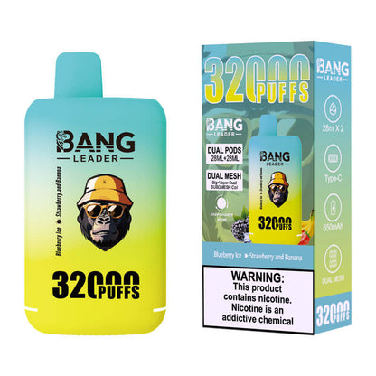 Bang Leader 32000 Puffs Disposable Vape (0% to 5% Nicotine) - Dual Pods, 26ml+26ml E-Liquid 650mah Type-C Rechargeable 18  Flavors